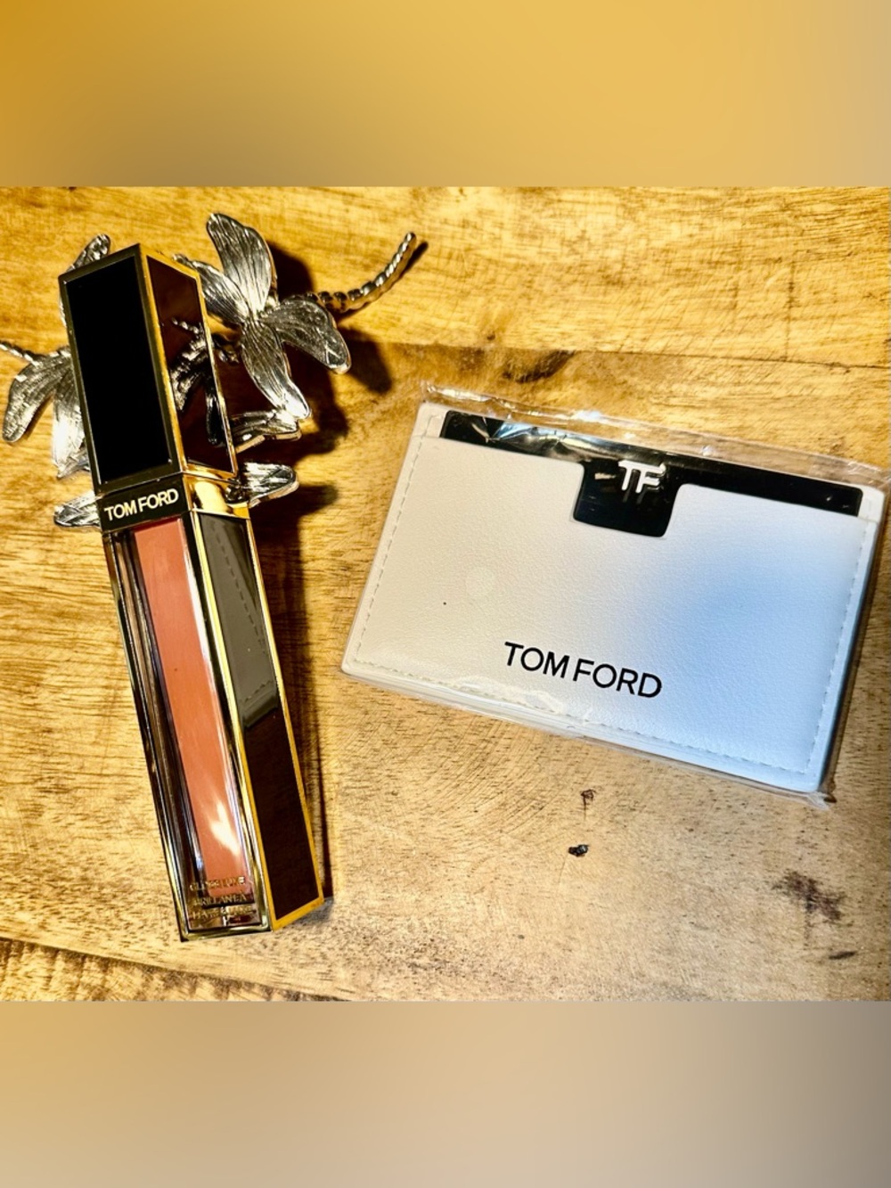 Tom Ford White Leather Card Holder & Mirror and Tom Ford Lux Gloss Mini Bundle